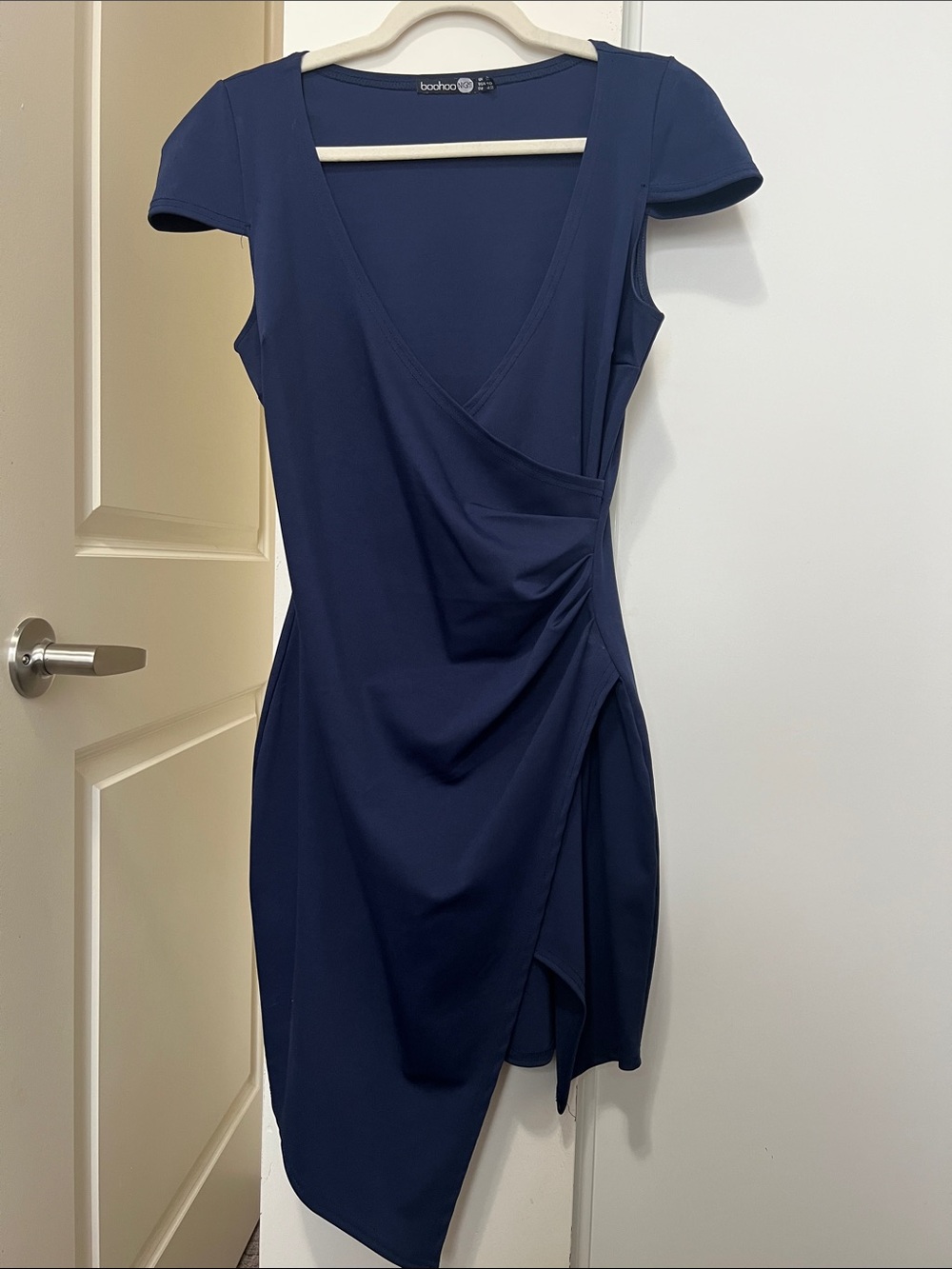 Boohoo Navy One-Shoulder Wrap-Style Dress